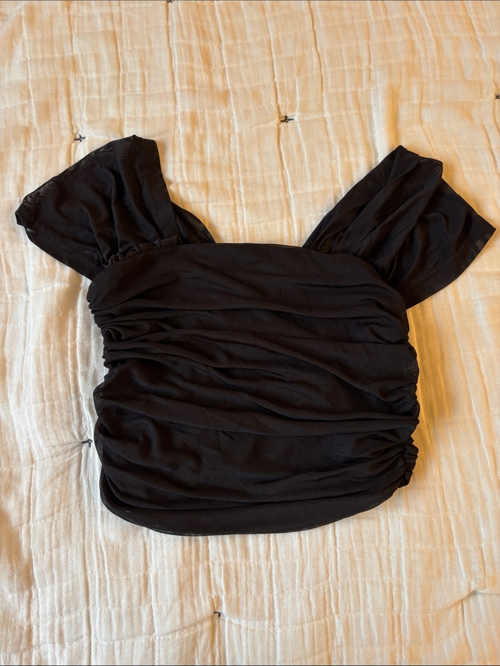 Black Off-Shoulder Ruched Short Sleeve Top